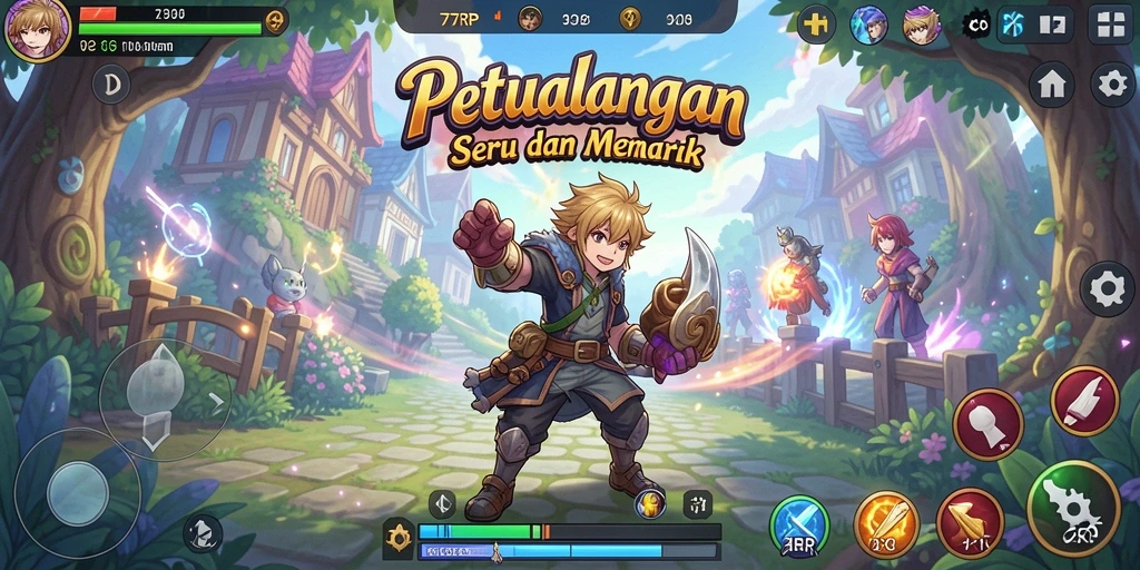 Tangkapan layar utama 77RP menampilkan aksi seru karakter Anime.