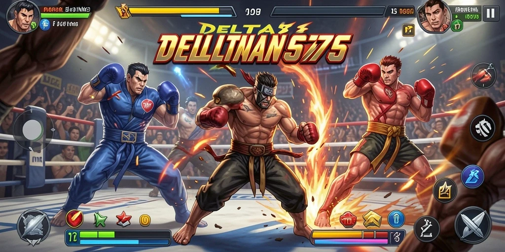 Screenshot utama DELTA575 menampilkan aksi pertarungan intens di arena.