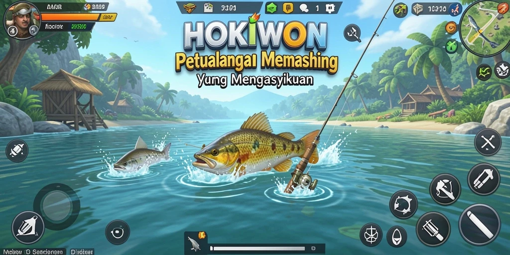 Tampilan gameplay HOKIWON dengan karakter memancing yang aktif.