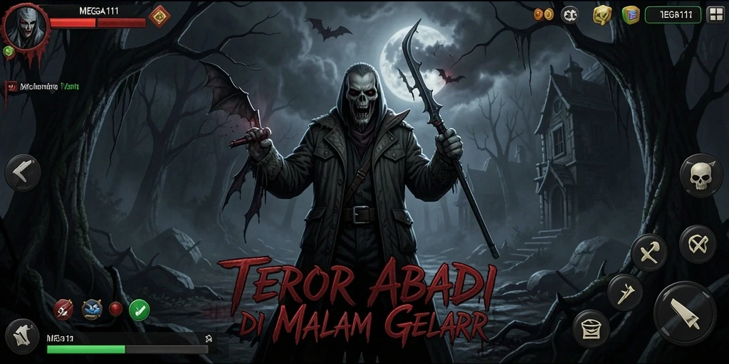 Tangkapan layar gameplay MEGA111 menunjukkan suasana horor yang mencekam.
