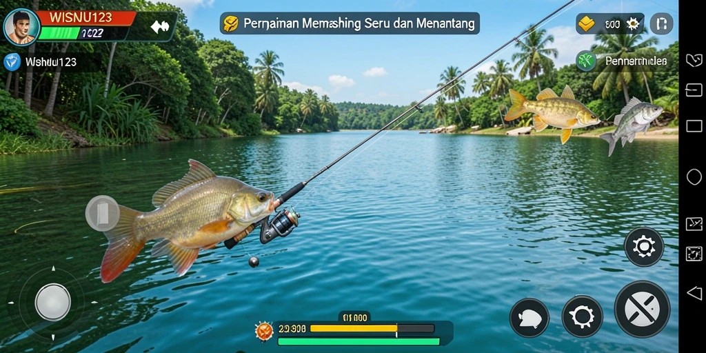 Gameplay <strong>WISNU123</strong> yang imersif saat memancing di danau.