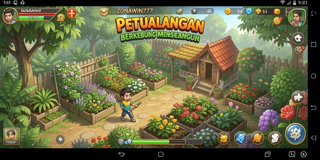 Tampilan gameplay ZONAWIN777 yang menarik dengan kebun yang indah.